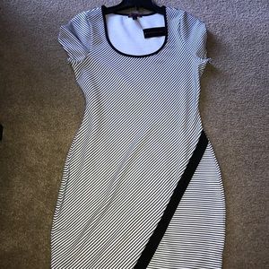 Asymmetric black and white striped cocktail dress